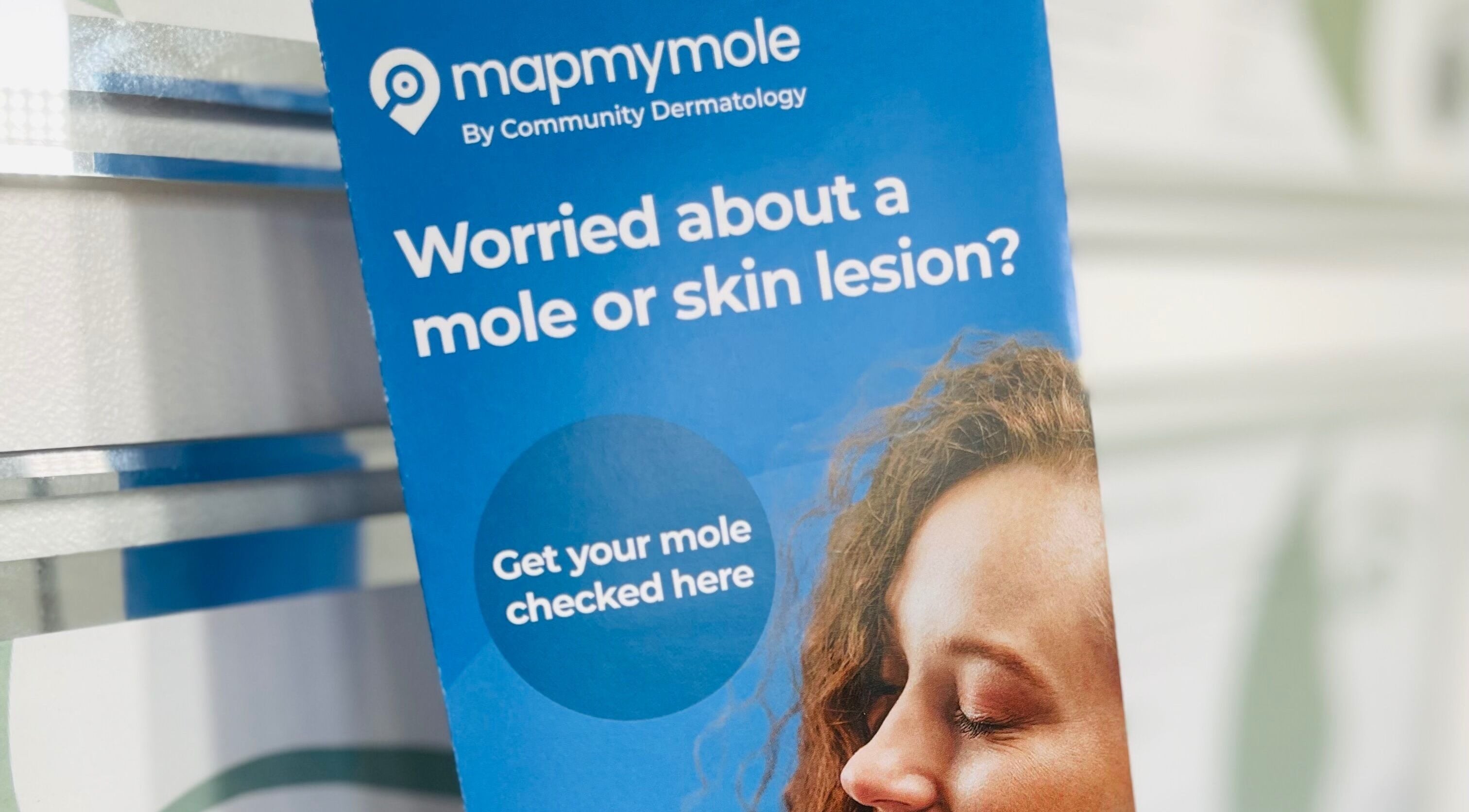 MapMyMole dermatology poster at Emma Fox Aesthetics, Heybridge, England, GB promoting mole checks.