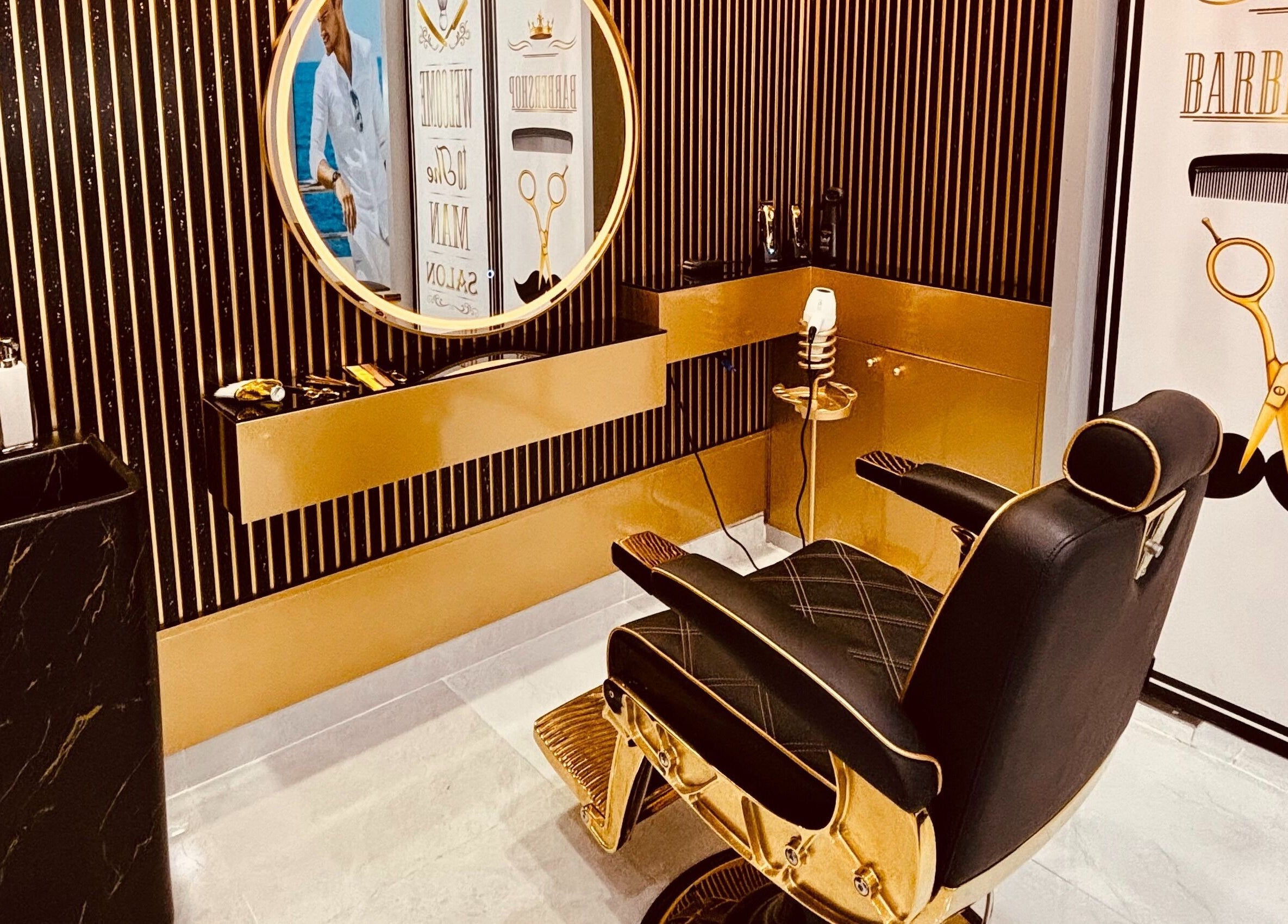 Elegant interior at Comb and Scissors Gents Salon in Dubai, AE, featuring a luxury barber chair and modern decor.