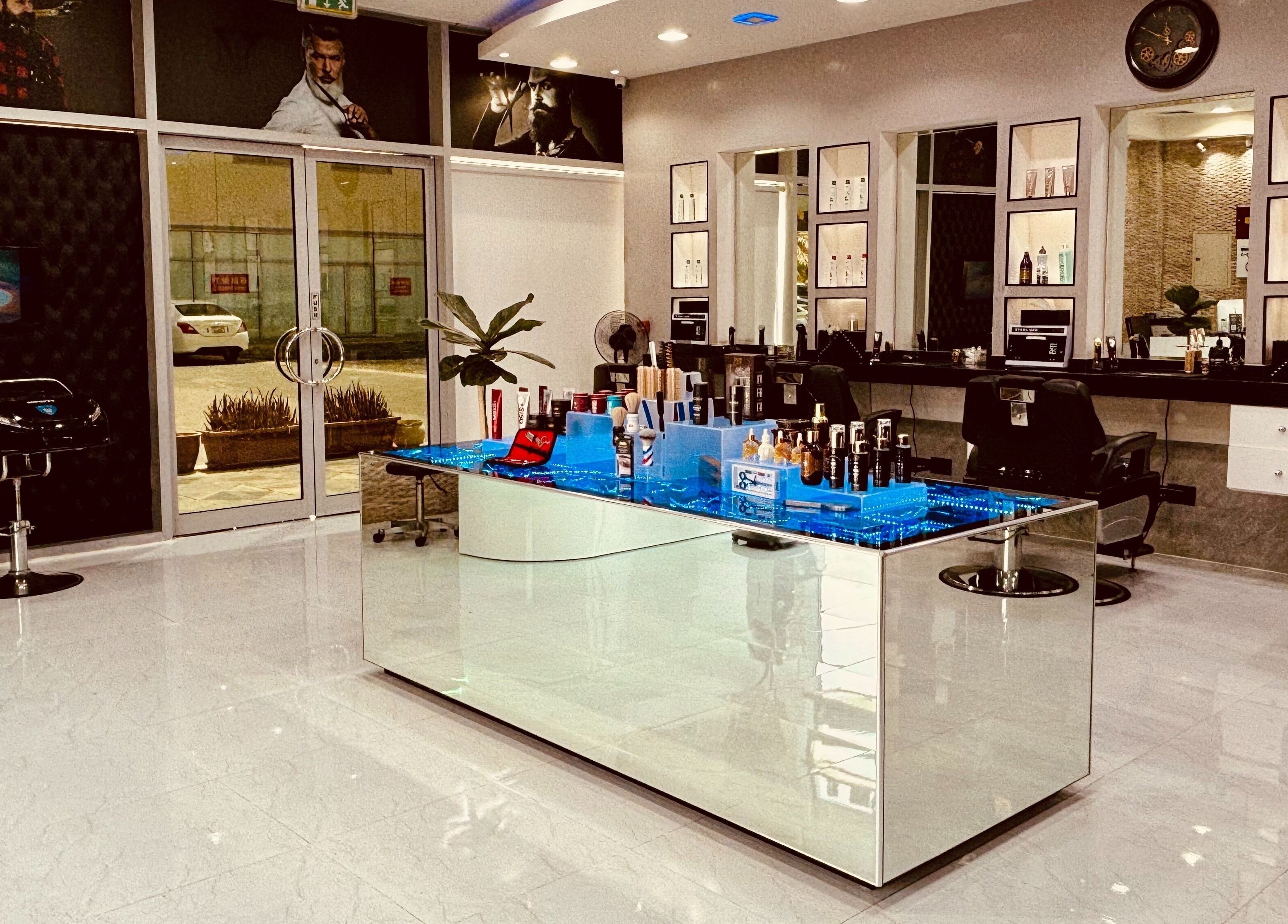 Inside look at Comb and Scissors Gents Salon with sleek modern interior in Dubai, AE.
