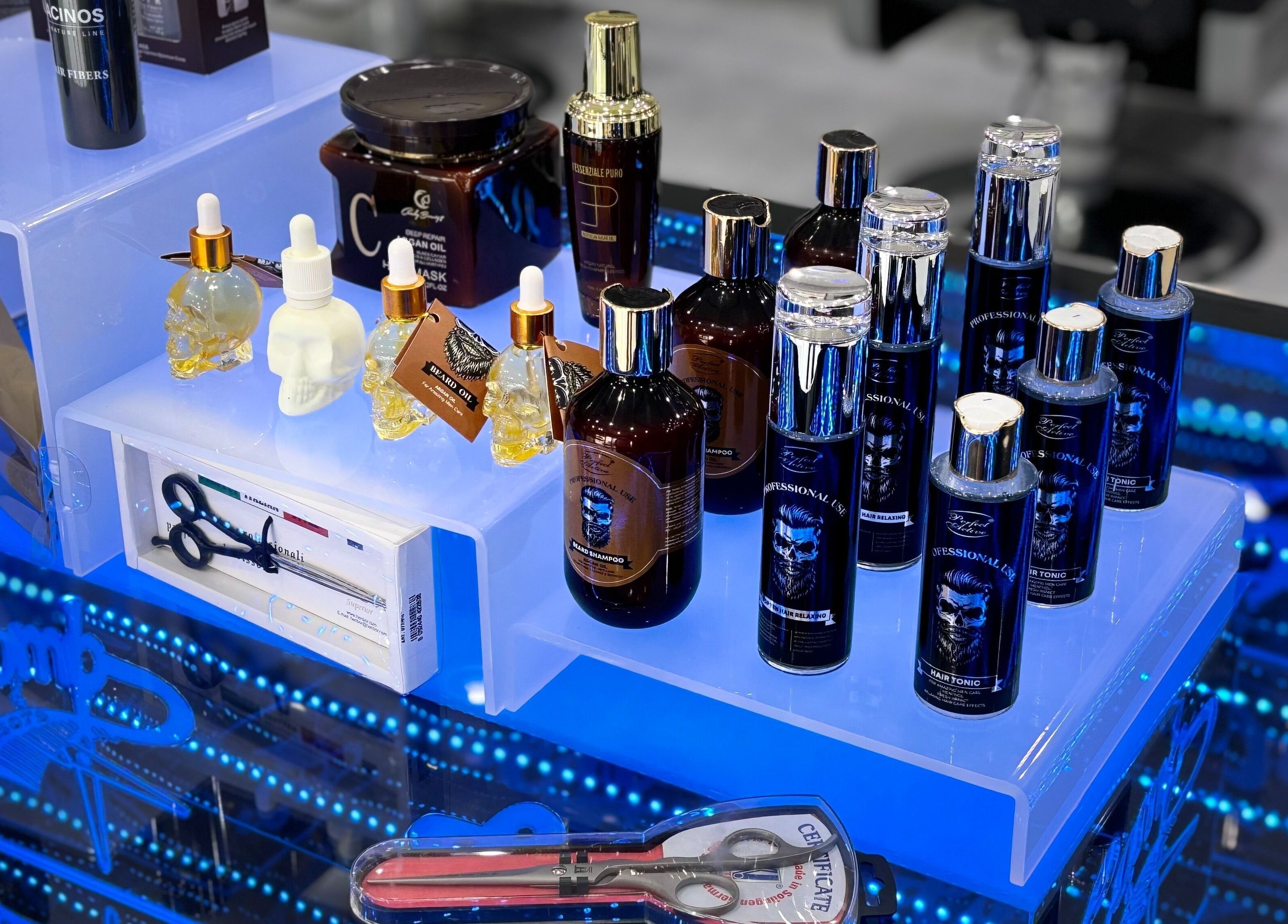 Stylish hair products display at Comb and Scissors Gents Salon in Dubai, AE. Inviting ambiance for quality grooming.