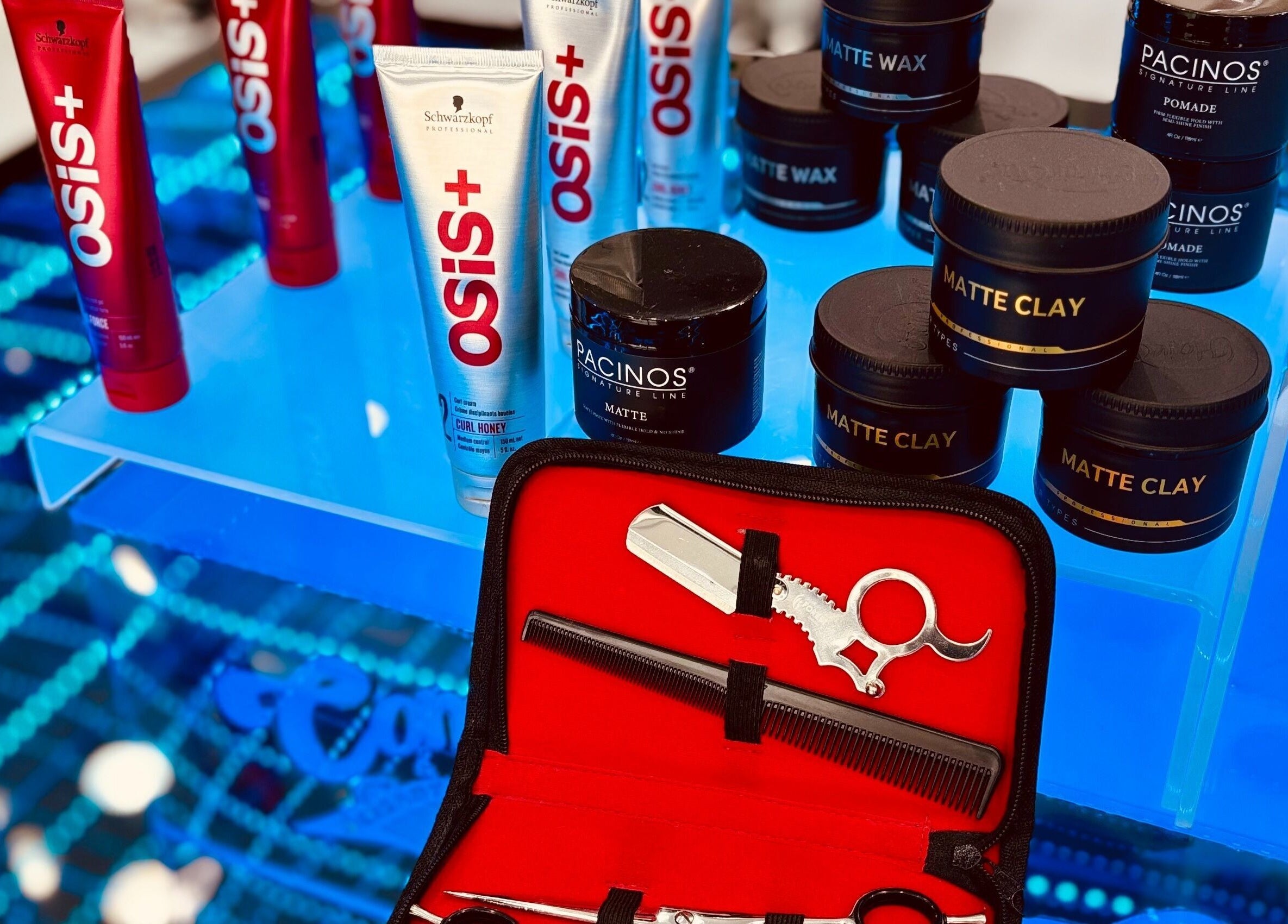 Grooming tools and products displayed at Comb and Scissors Gents Salon, Dubai, AE.