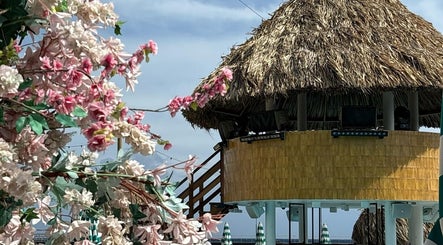 Feel Massage and Wellness ‘Mondi Beach Club’ in Willemstad, Curaçao, CW with flowering trees and straw hut.