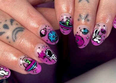 Vibrant galaxy-themed nail art by Nails by Shan, Cleckheaton, England, GB with planets and stars.