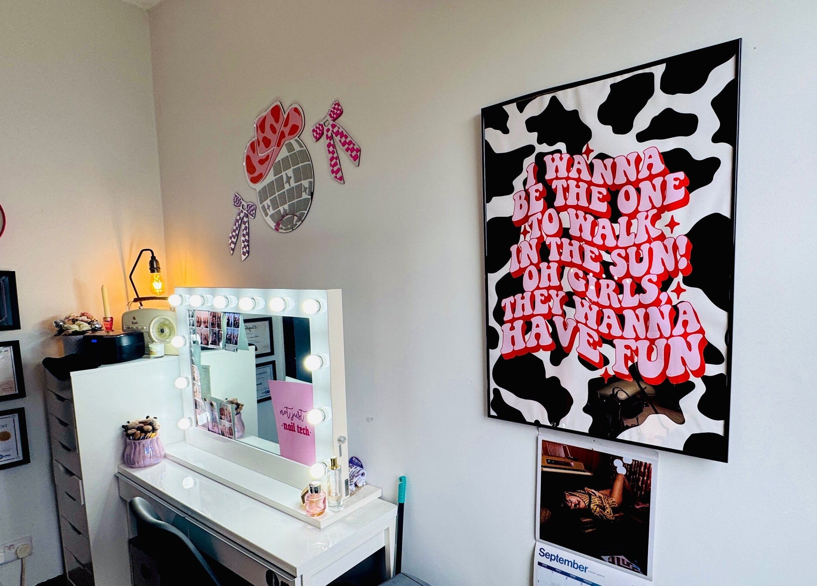 Glamorous vanity area at Nails by Shan, Cleckheaton, England, GB, showcasing stylish decor with beauty products.