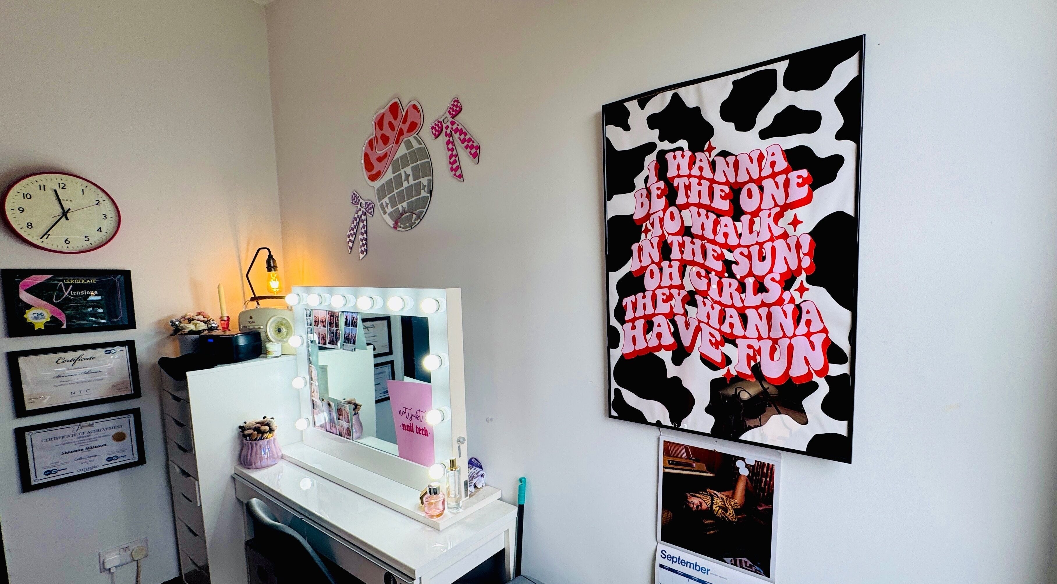 Glamorous vanity area at Nails by Shan, Cleckheaton, England, GB, showcasing stylish decor with beauty products.