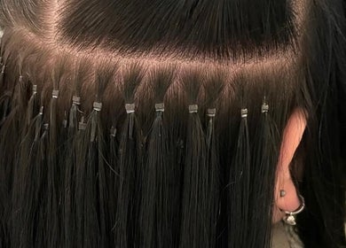 Close-up of hair extensions at Extensions by Beth, Harrogate, England, GB showcasing expert craftsmanship.