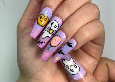 Festive Halloween-themed nail art at NailcraftLA, Los Angeles, California, US.