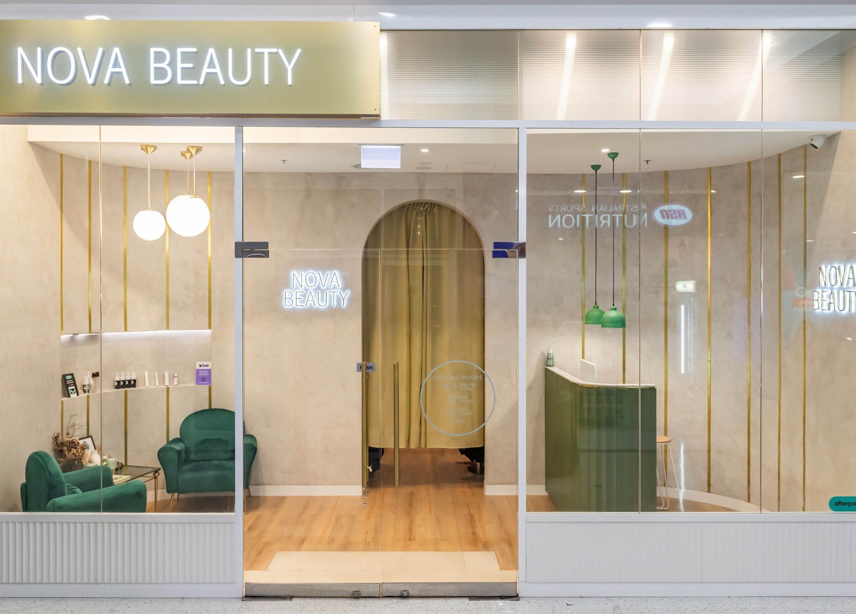 Front view of Nova Beauty Charlestown entrance in Charlestown, New South Wales, AU with stylish decor.