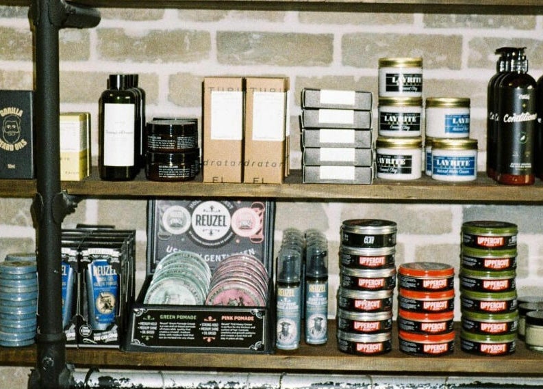 Shelf with grooming products at Brookvale - Benicky and Sons, Brookvale, New South Wales, AU.