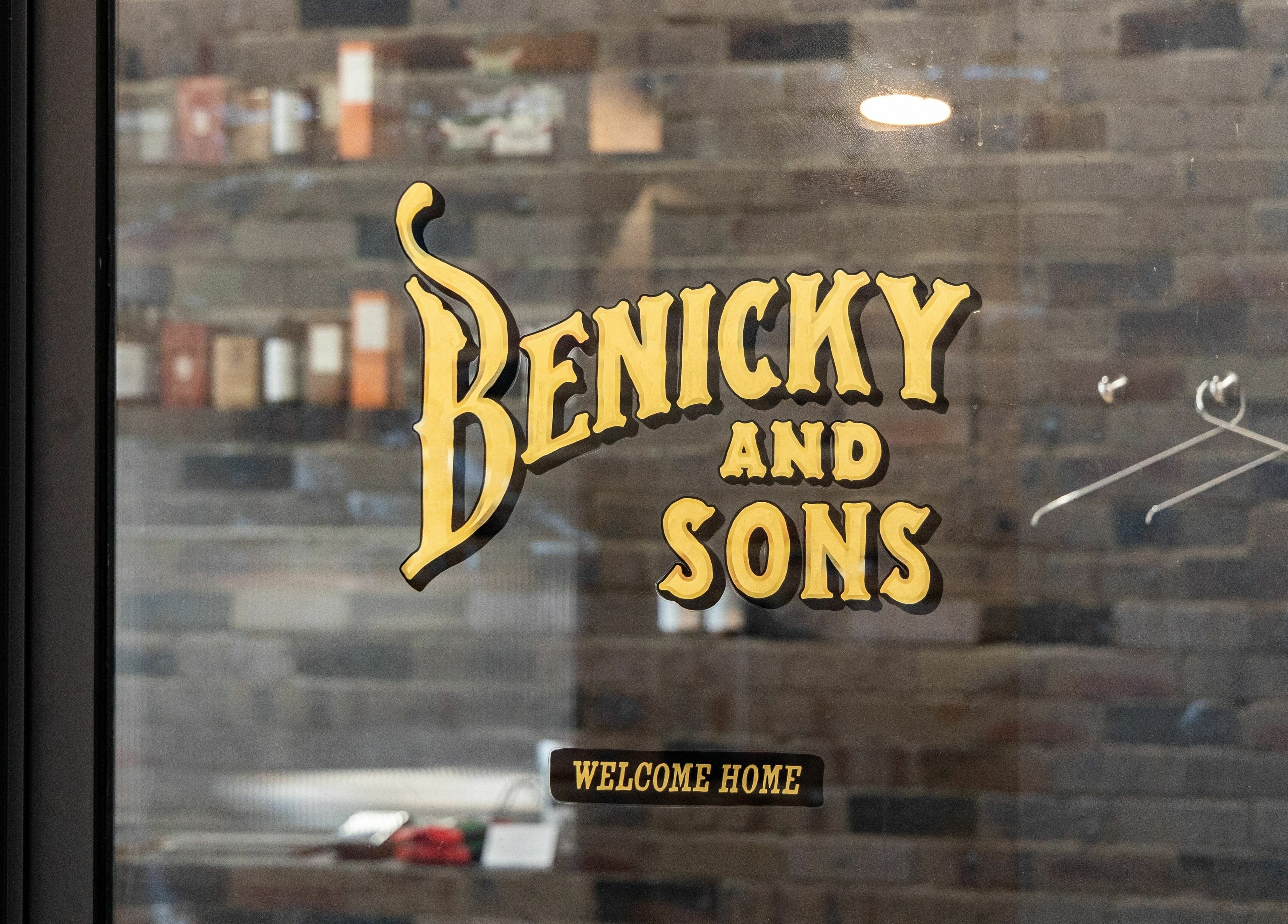 Benicky and Sons logo on glass at Nth Turramurra, North Turramurra, New South Wales, AU.