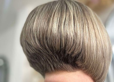 Stylish short hairstyle at Lucy Whatnell Hairdressing in Newbiggin-by-the-Sea, Northumberland, GB.
