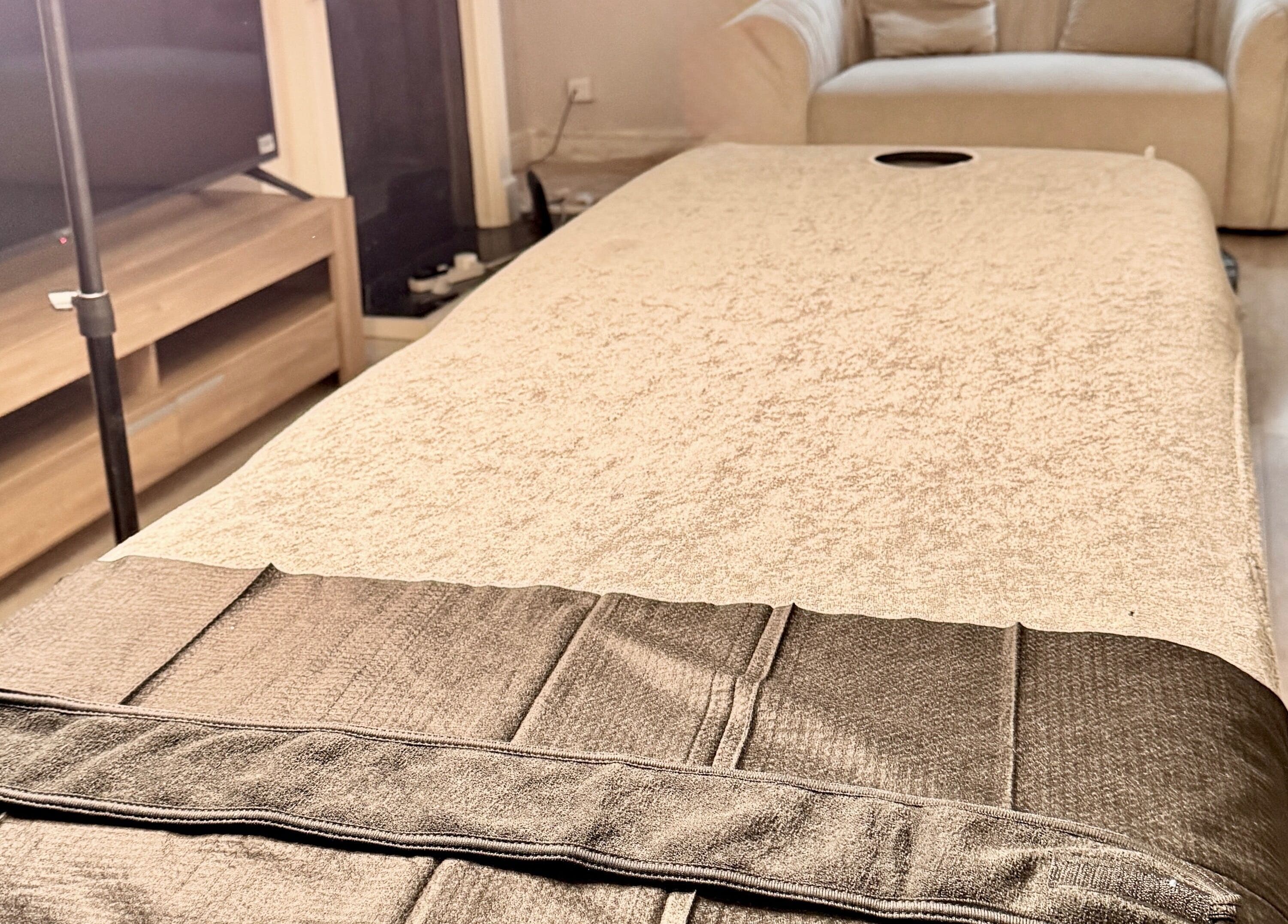 Relaxing treatment table at Glo! SoS Face and Body Treatments, London, England, GB.