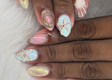 Nail art with seashell designs at The Beauty Room by Fresita - Bartletts Tenantry Sargent's Village, Bridgetown, Christ Church, BB.