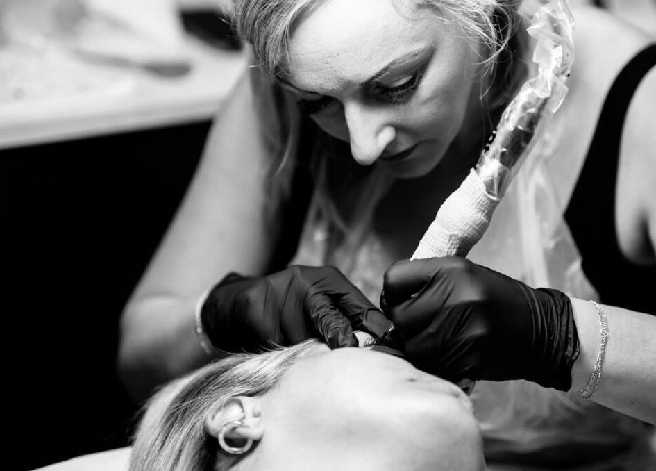 Cambridge Permanent MakeUp artist creating precise eyebrow detail in Warboys, England, GB.