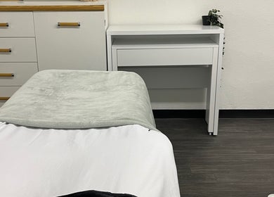 Relaxing treatment room at Bridget Wilson Esthetics Studio, Sault Ste. Marie, Ontario, CA with modern decor.
