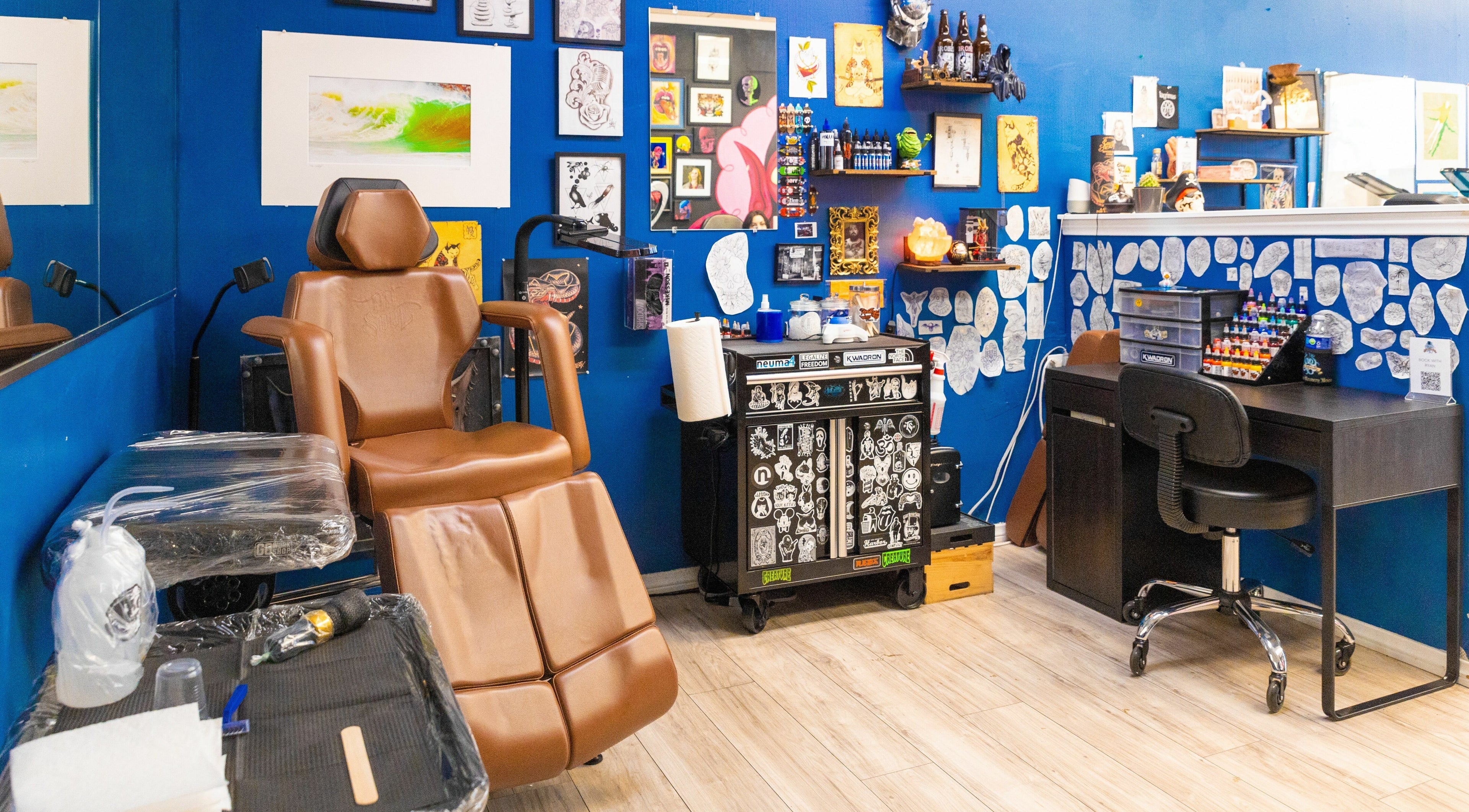 Tattoo station at Mr. Inkwells in Los Alamitos, California, US.