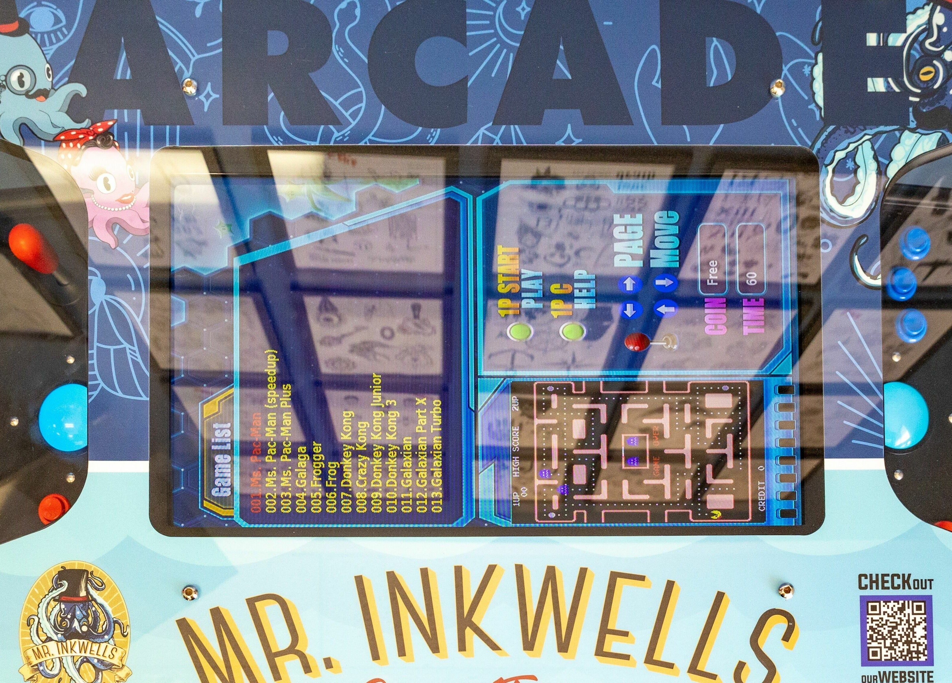 Arcade game at Mr. Inkwells, Los Alamitos, California, US, featuring colorful controls and game selection menu.