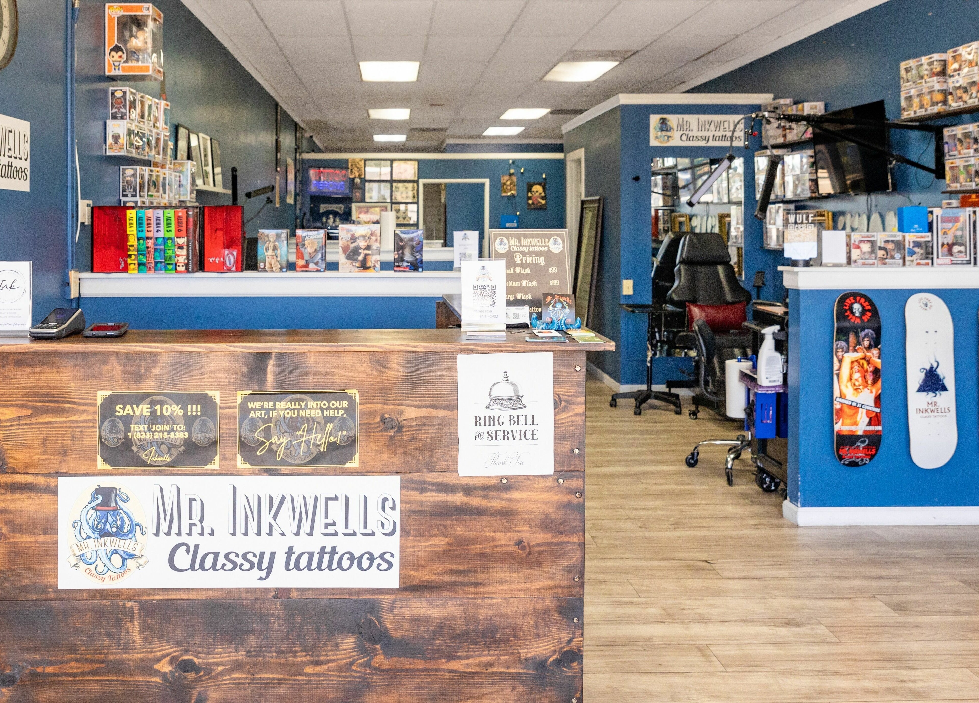 Reception at Mr. Inkwells in Los Alamitos, California. Welcoming tattoo studio interior.