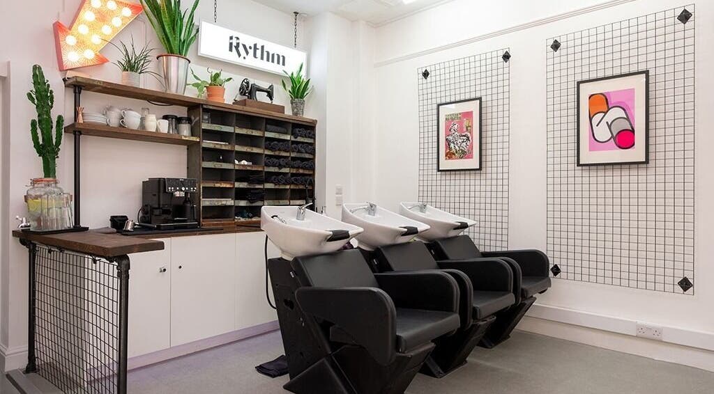 Modern hair washing stations inside Rythm Studio, stylishly decorated in Bristol, England, GB.