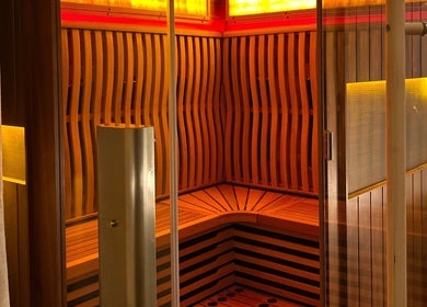 Luxurious sauna at Recovery Space, Dubai, Dubai, AE, offering ultimate relaxation and warmth in wooden decor.