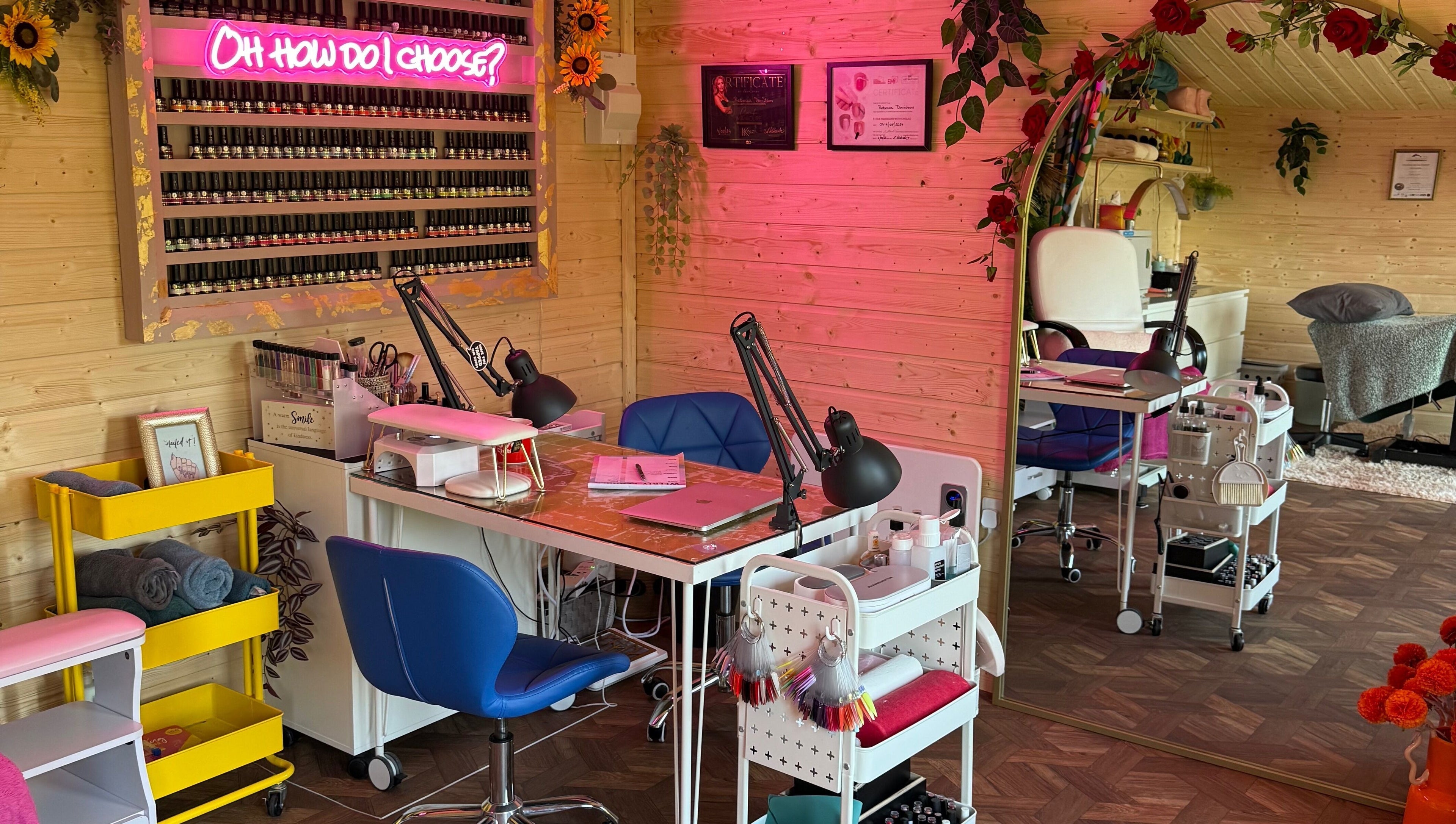 Bright nail salon at The Nest, Larne, Northern Ireland, GB, featuring vibrant decor and modern nail stations.