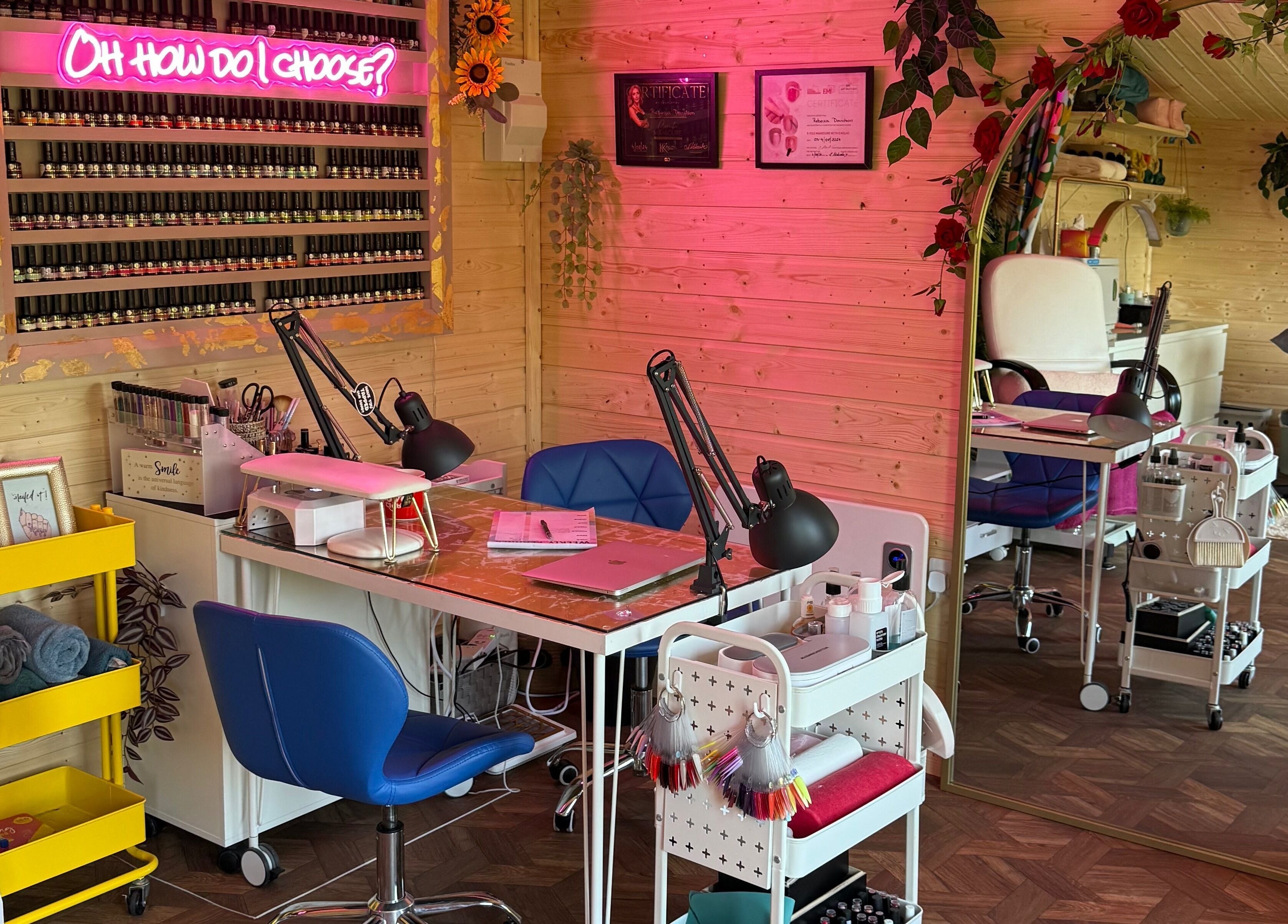 Bright nail salon at The Nest, Larne, Northern Ireland, GB, featuring vibrant decor and modern nail stations.