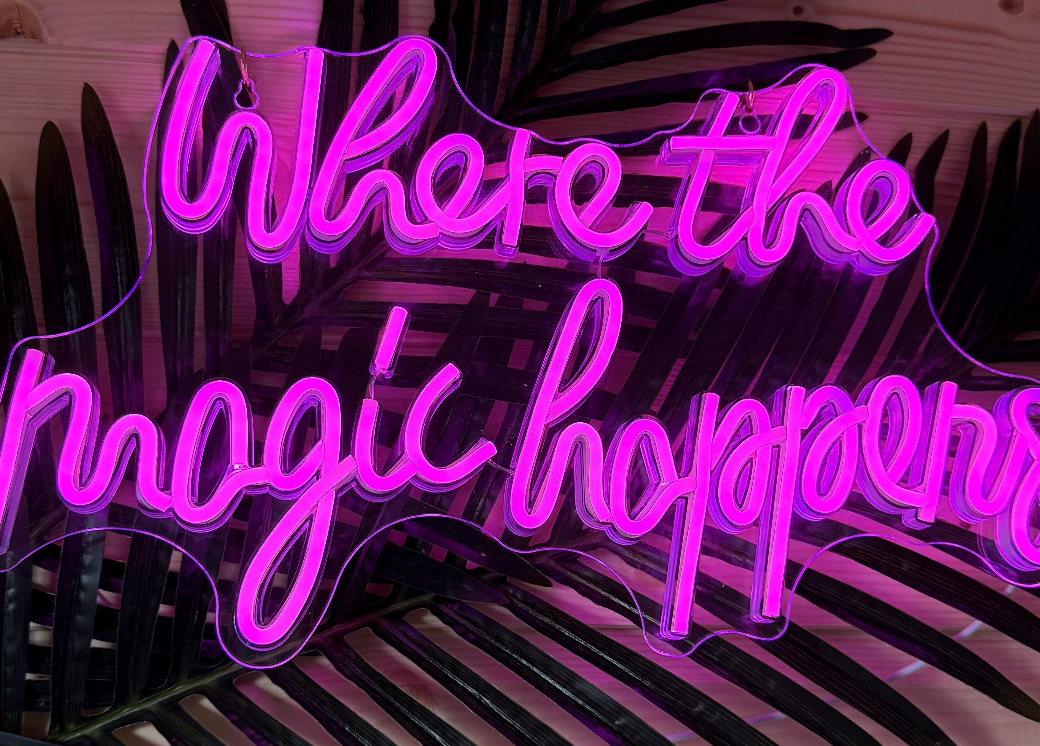 Vibrant neon sign at The Nest, Larne, Northern Ireland, GB, reading 'Where the magic happens'.