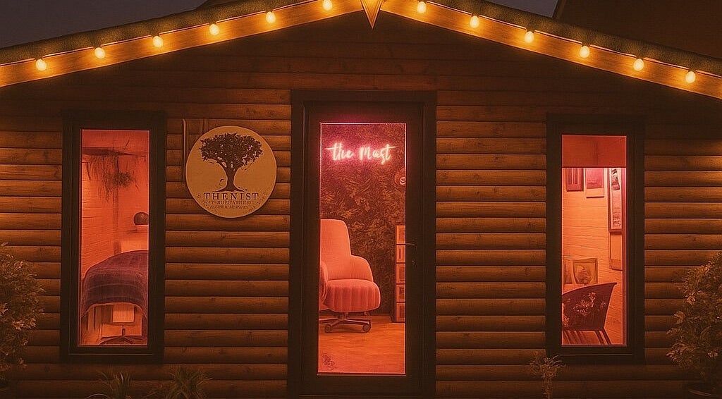 Warm exterior of The Nest, Larne, Northern Ireland, GB with inviting light and signage for relaxation.