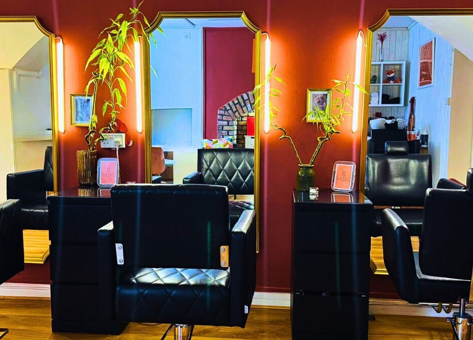 Interior of Studio Rasec – Hair & Beauty in Dublin, with stylish salon chairs and mirrors.