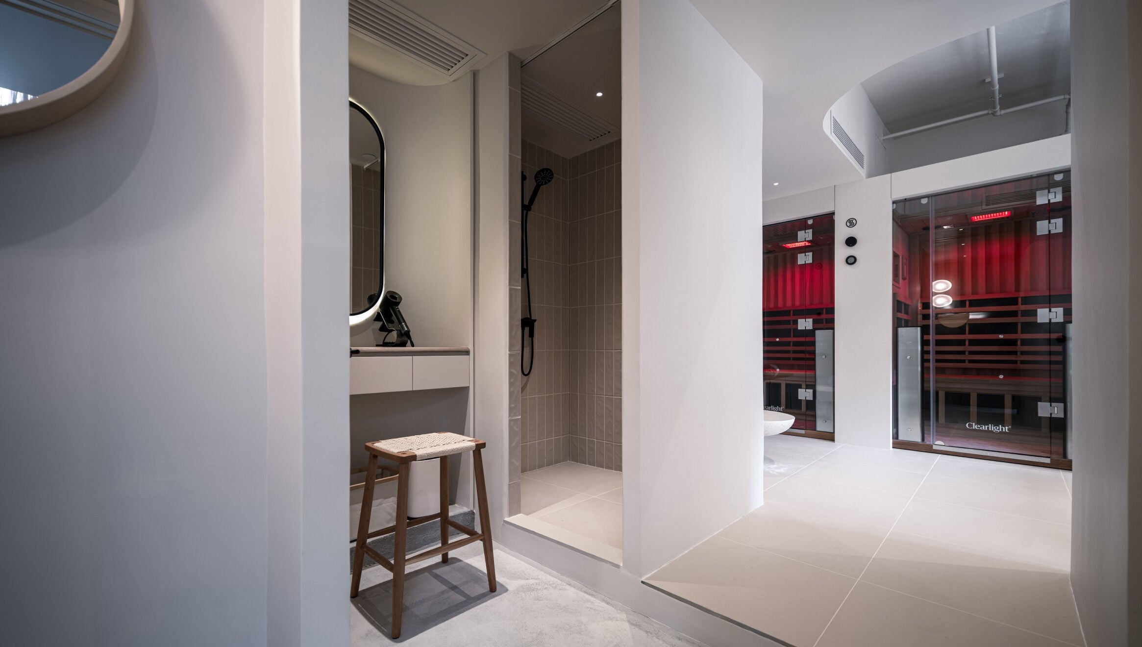 Sleek shower and sauna at ACME Wellness Hong Kong, Hong Kong Island, HK.