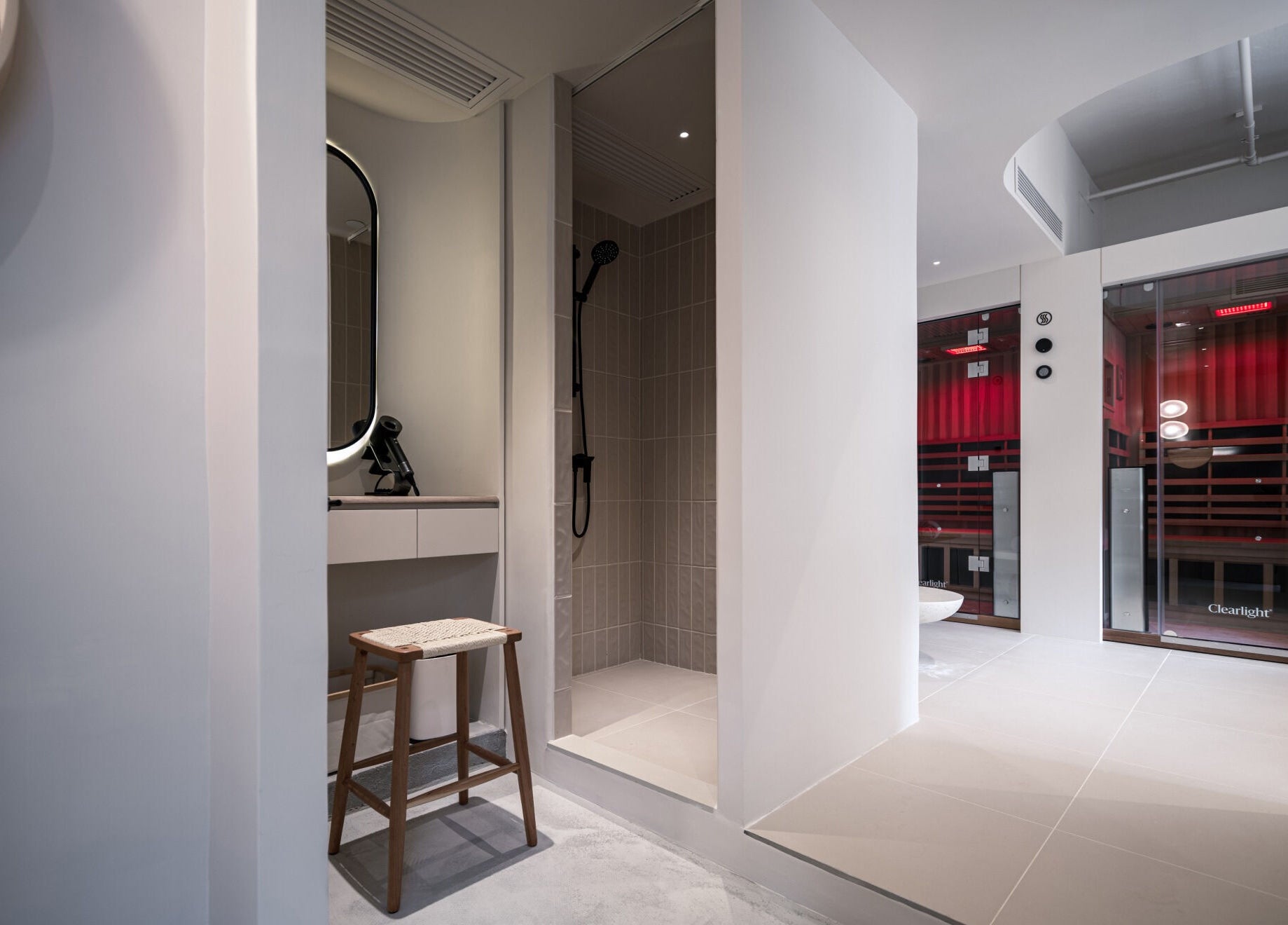 Sleek shower and sauna at ACME Wellness Hong Kong, Hong Kong Island, HK.
