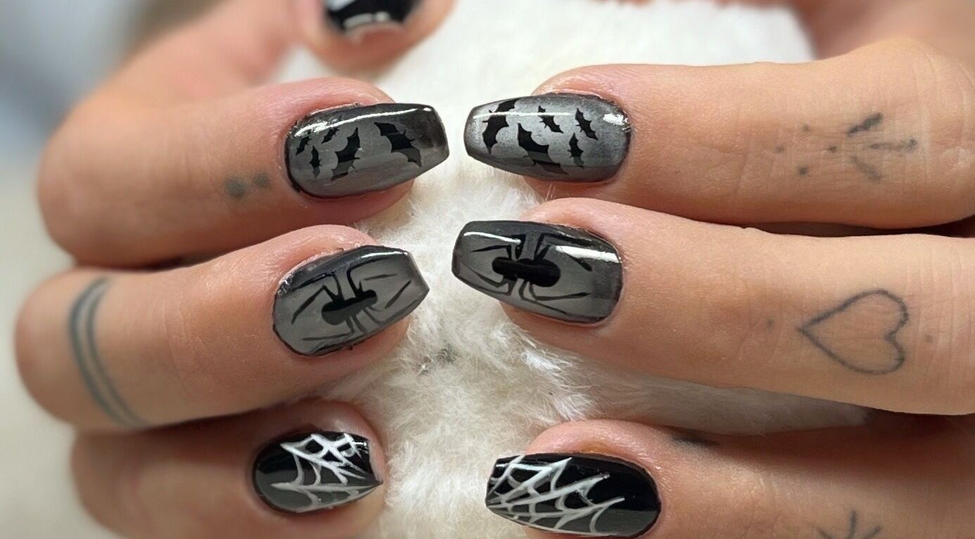 Spooky nail art with bats and spider designs from Nails and Tails in Clevedon, England, GB.