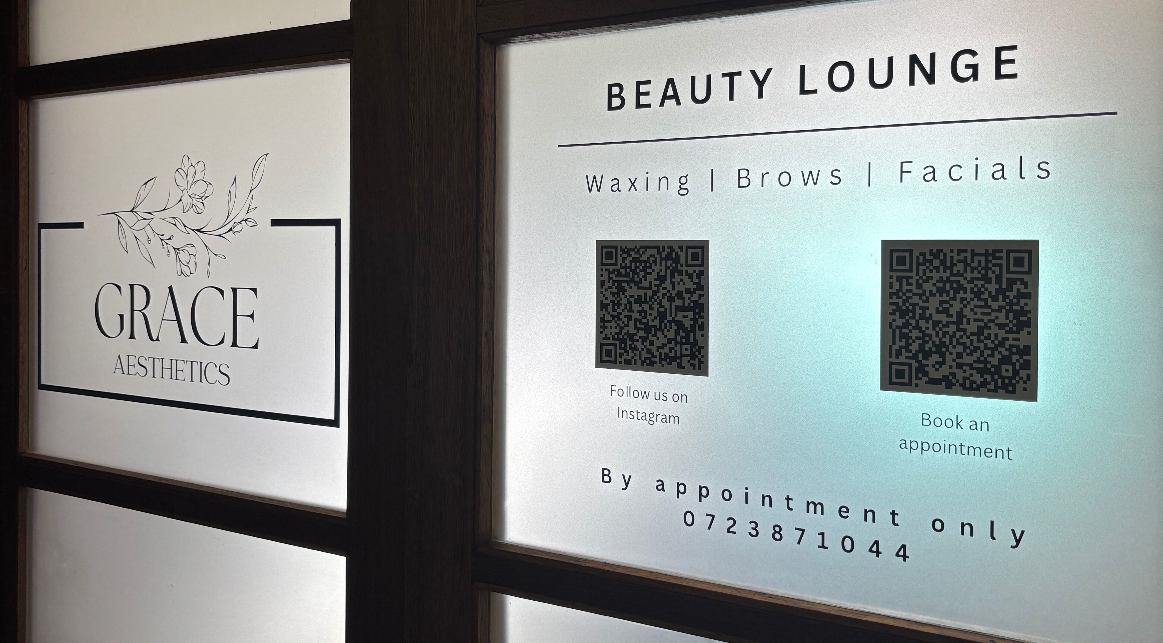 Entrance to Grace Aesthetics in Cape Town, Western Cape, ZA featuring services like waxing and facials.