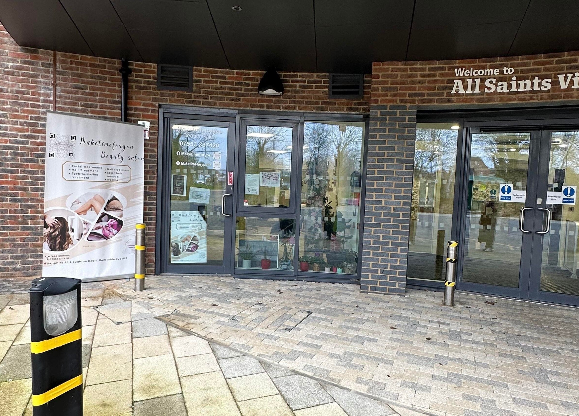 Maketimeforyou beauty salon entrance in Houghton Regis, England, GB, showcasing a modern and inviting facade.