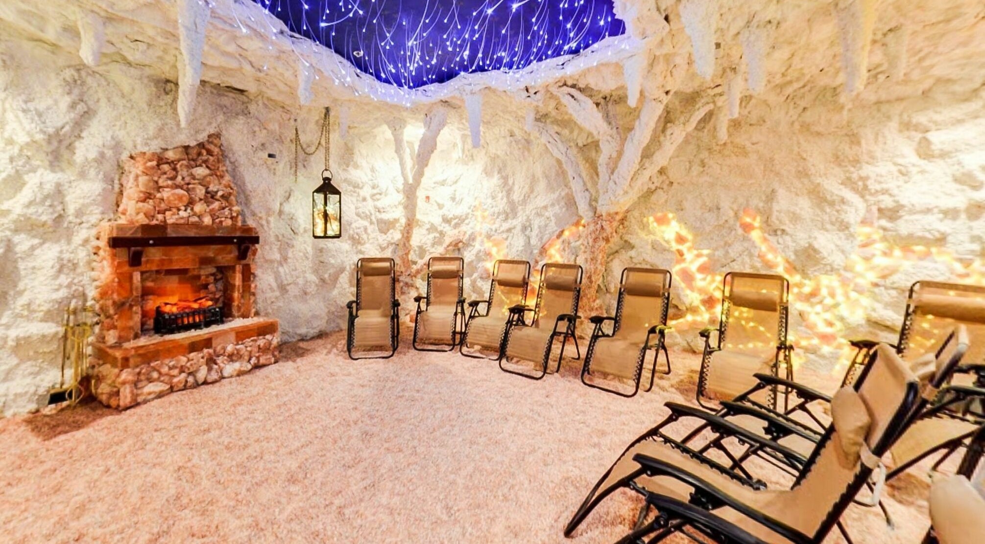 Relaxing chairs in the tranquil salt cave at Royal Salt Cave & Spa, Frankfort, Illinois, US.