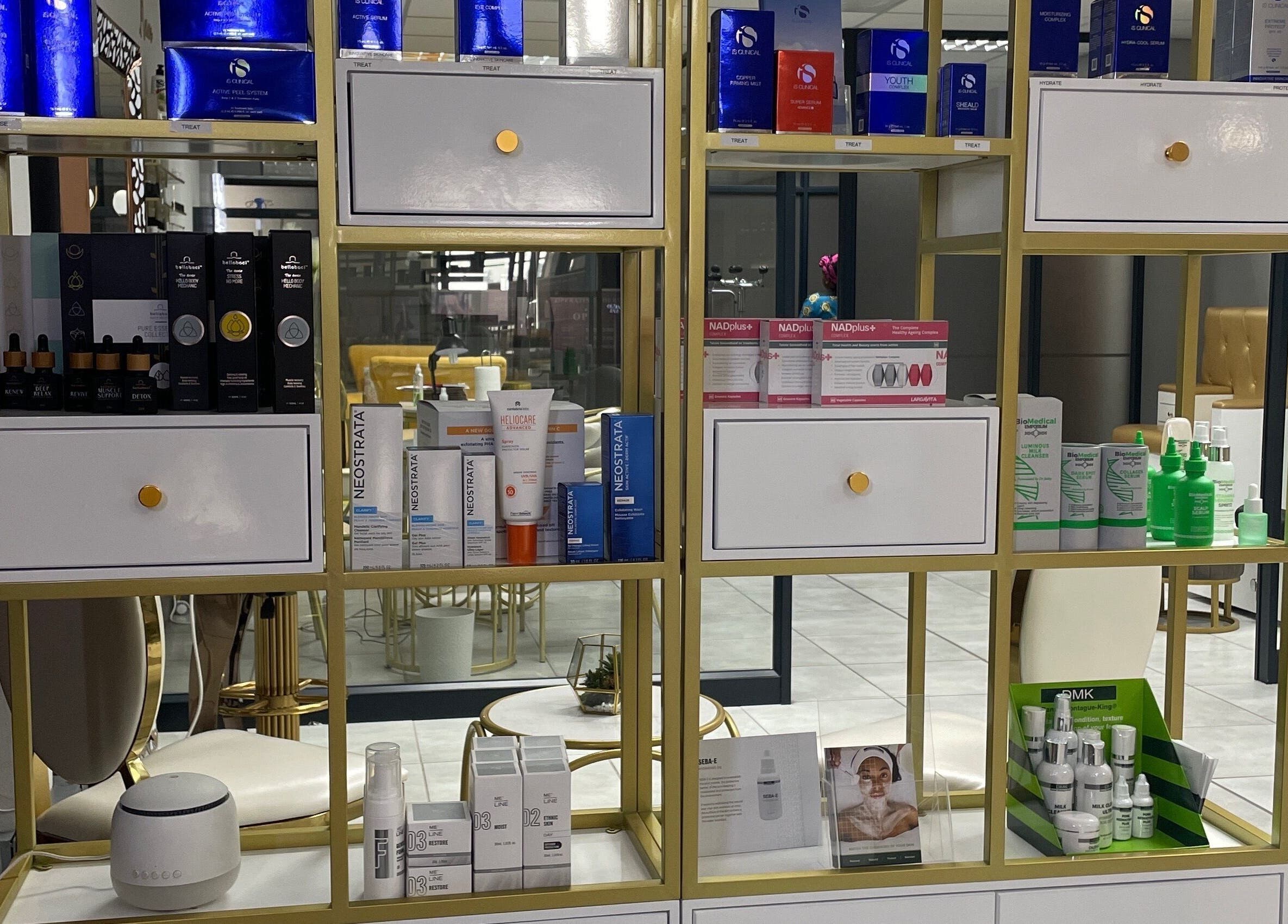 Product display shelf at Narure Luxe Aesthetics, Emalahleni, Mpumalanga, ZA featuring skincare treatments.