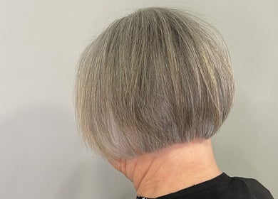 Sophisticated silver bob hairstyle at Lauren Pomphrey Hairdressing, Andover, England, GB.