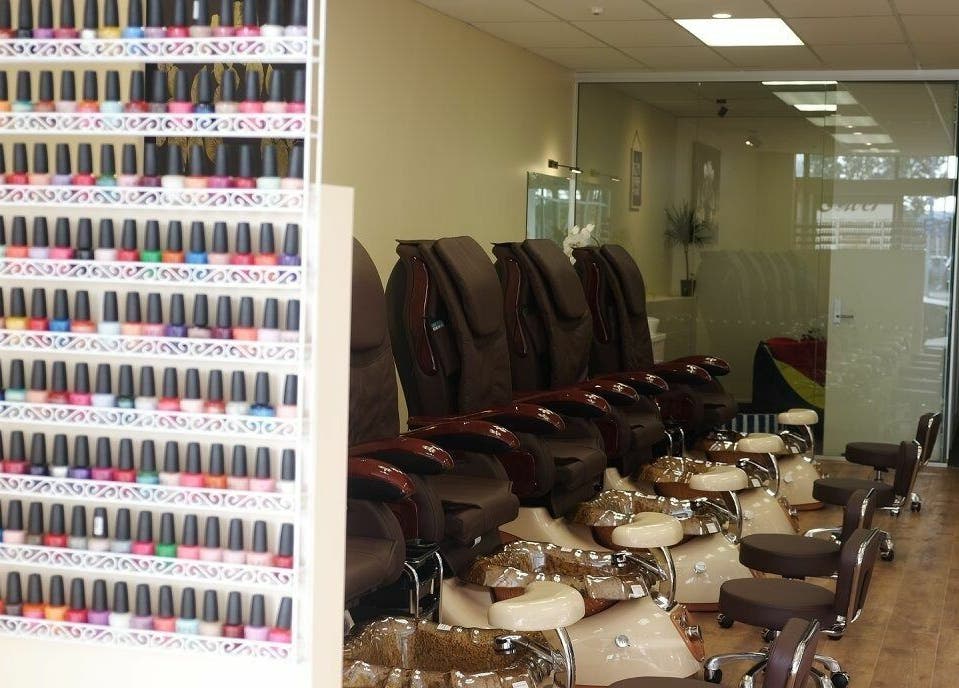 Luxurious pedicure chairs and vibrant nail polishes at Tower Beauty Christchurch, Christchurch, Canterbury, NZ.