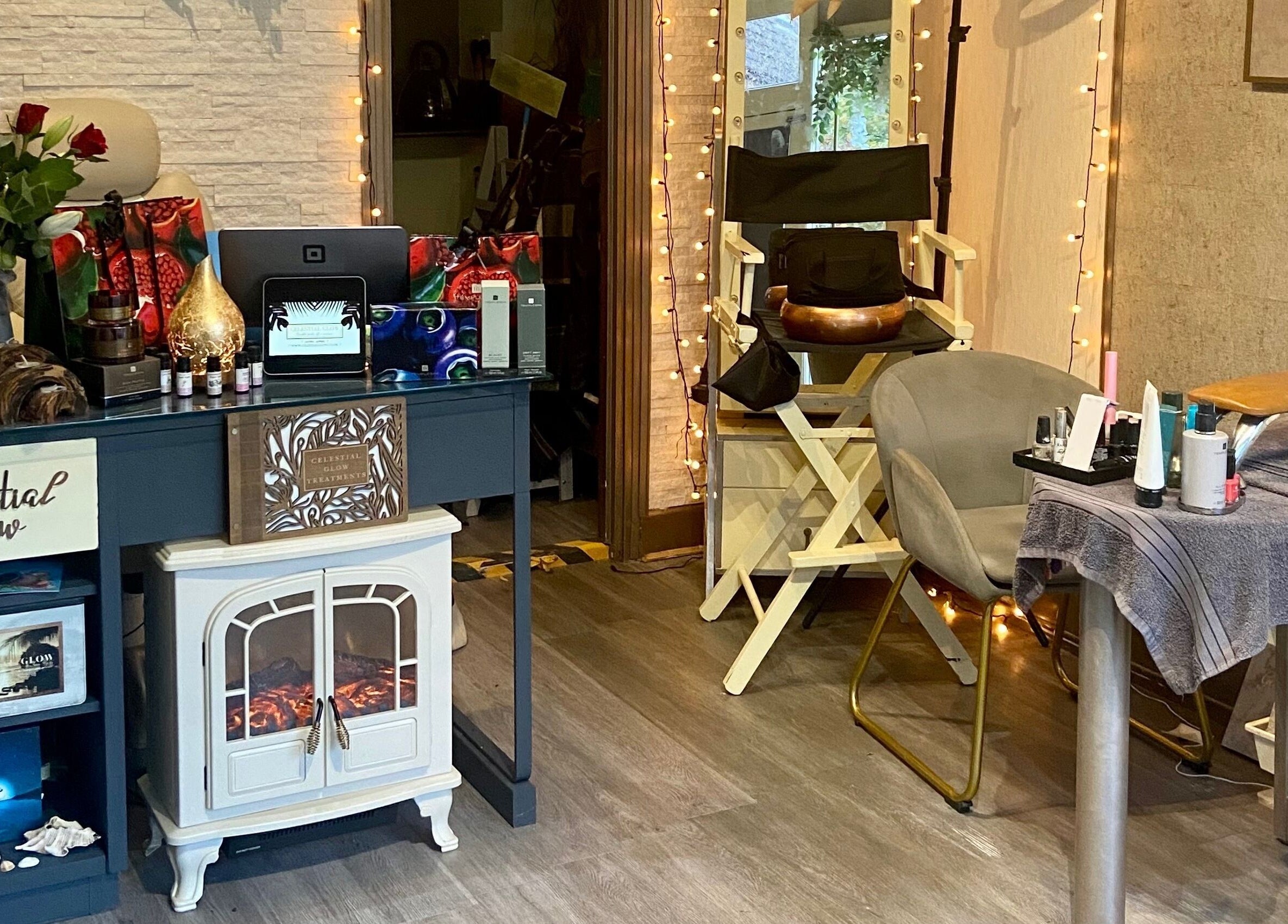 Celestial Glow's elegant beauty setup in Brockenhurst, England, GB with a cozy decor and professional makeup chair.