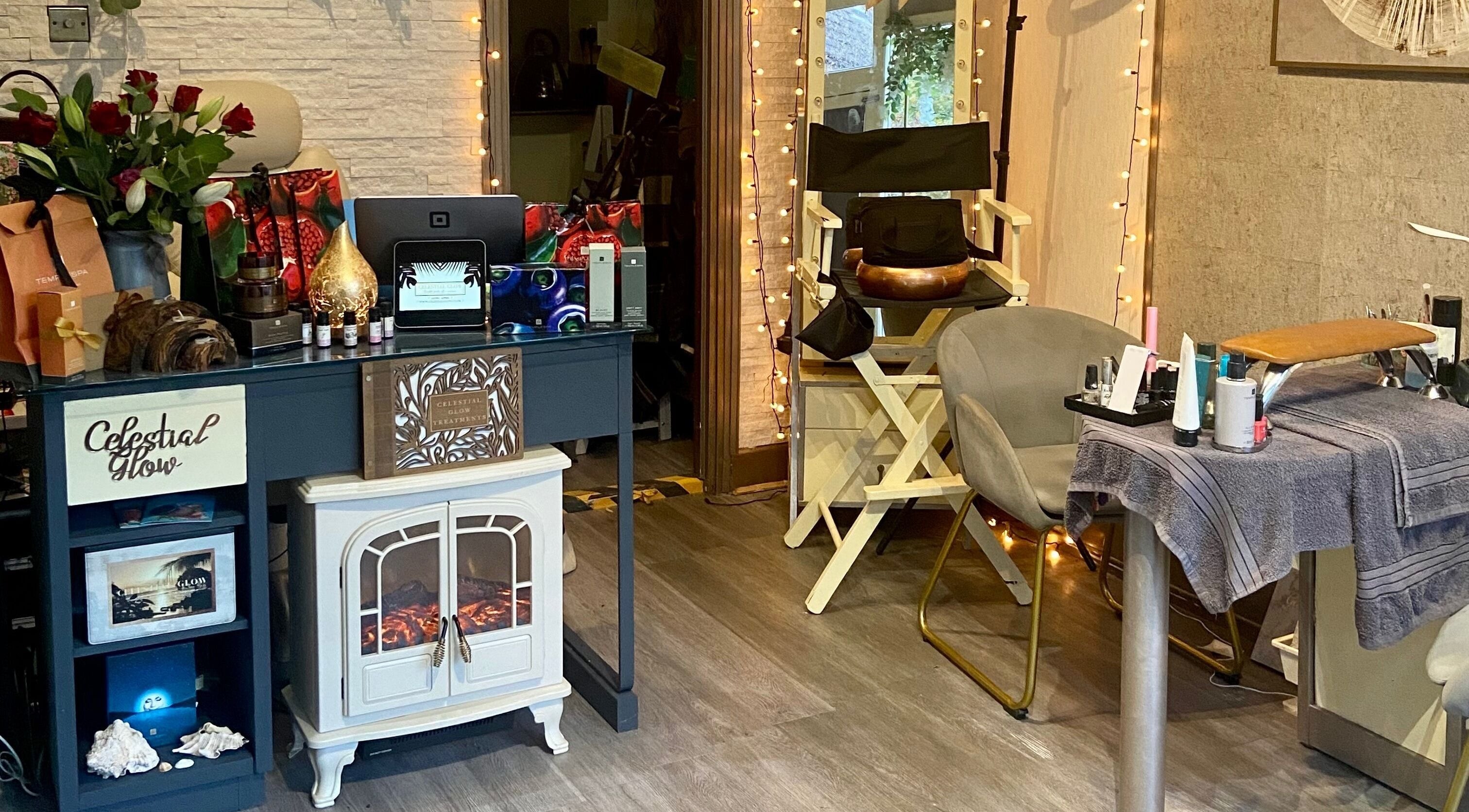 Celestial Glow's elegant beauty setup in Brockenhurst, England, GB with a cozy decor and professional makeup chair.