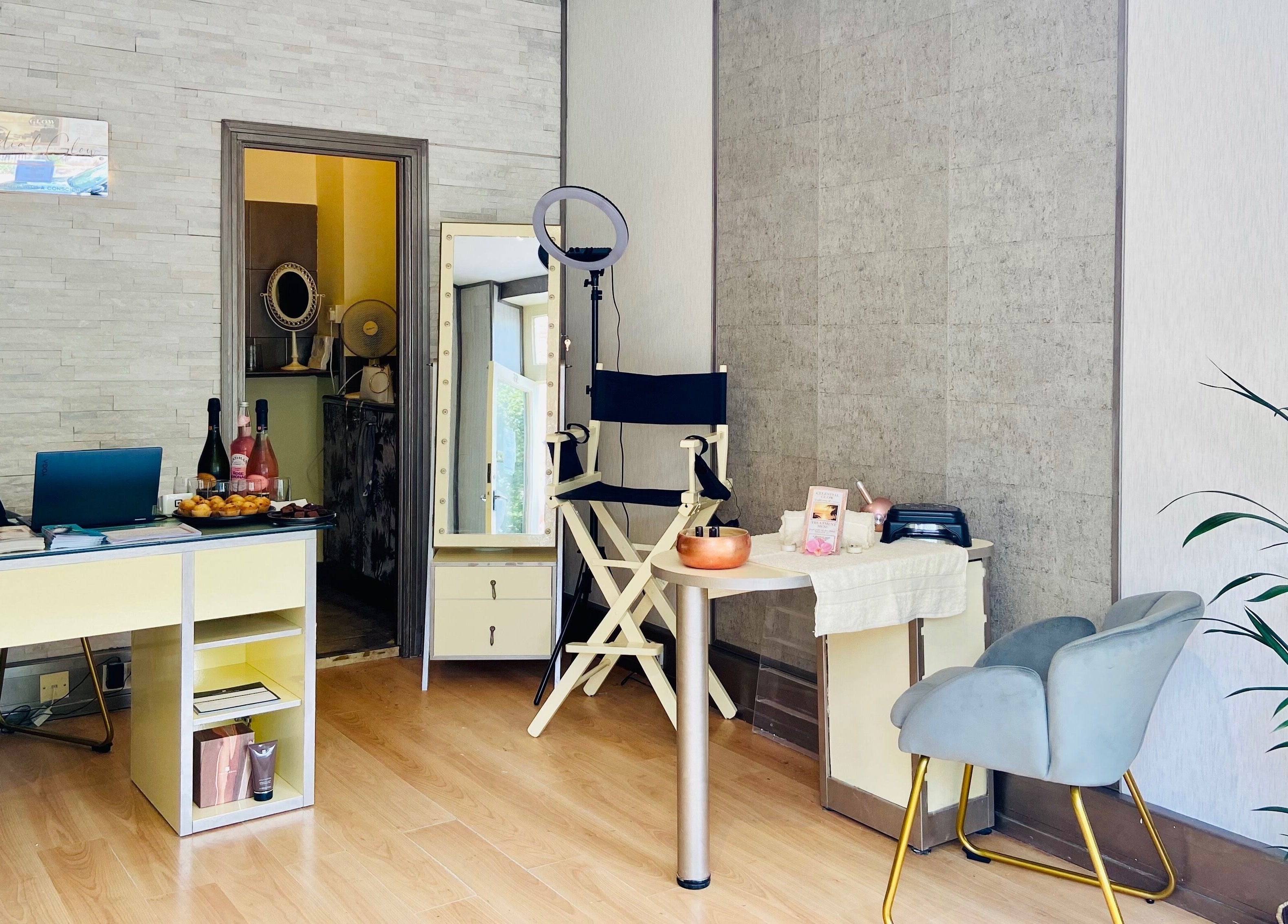 Chic interior of Celestial Glow beauty salon in Brockenhurst, England, GB showcasing a stylish workspace.