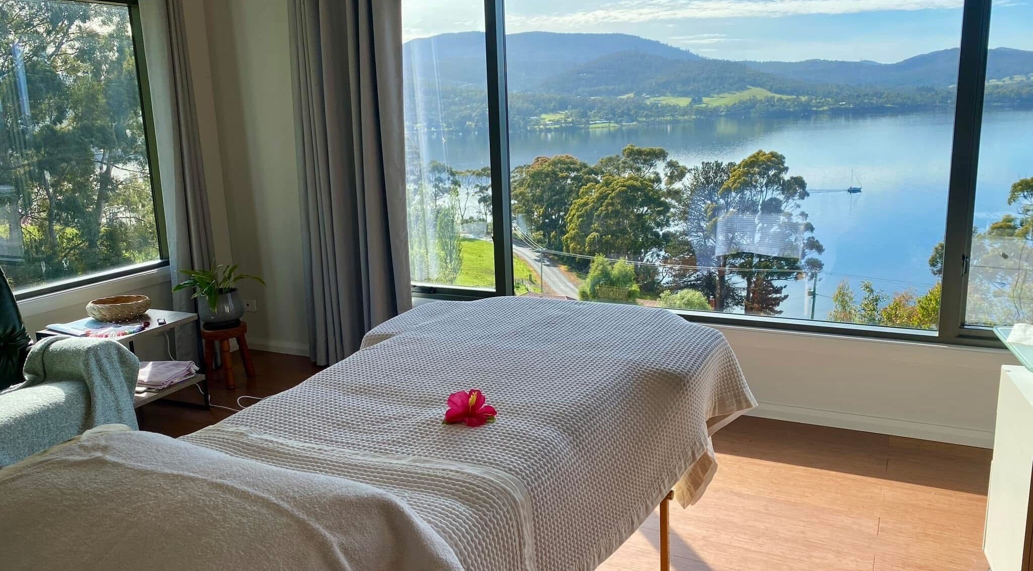 Tranquil massage room with stunning water views at Love It Nails and Beauty, Lymington, Tasmania, AU.