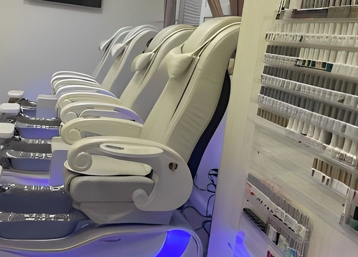 Elegant pedicure chairs and polish selection at Emily Nails and Spa, Peabody, Massachusetts, US.