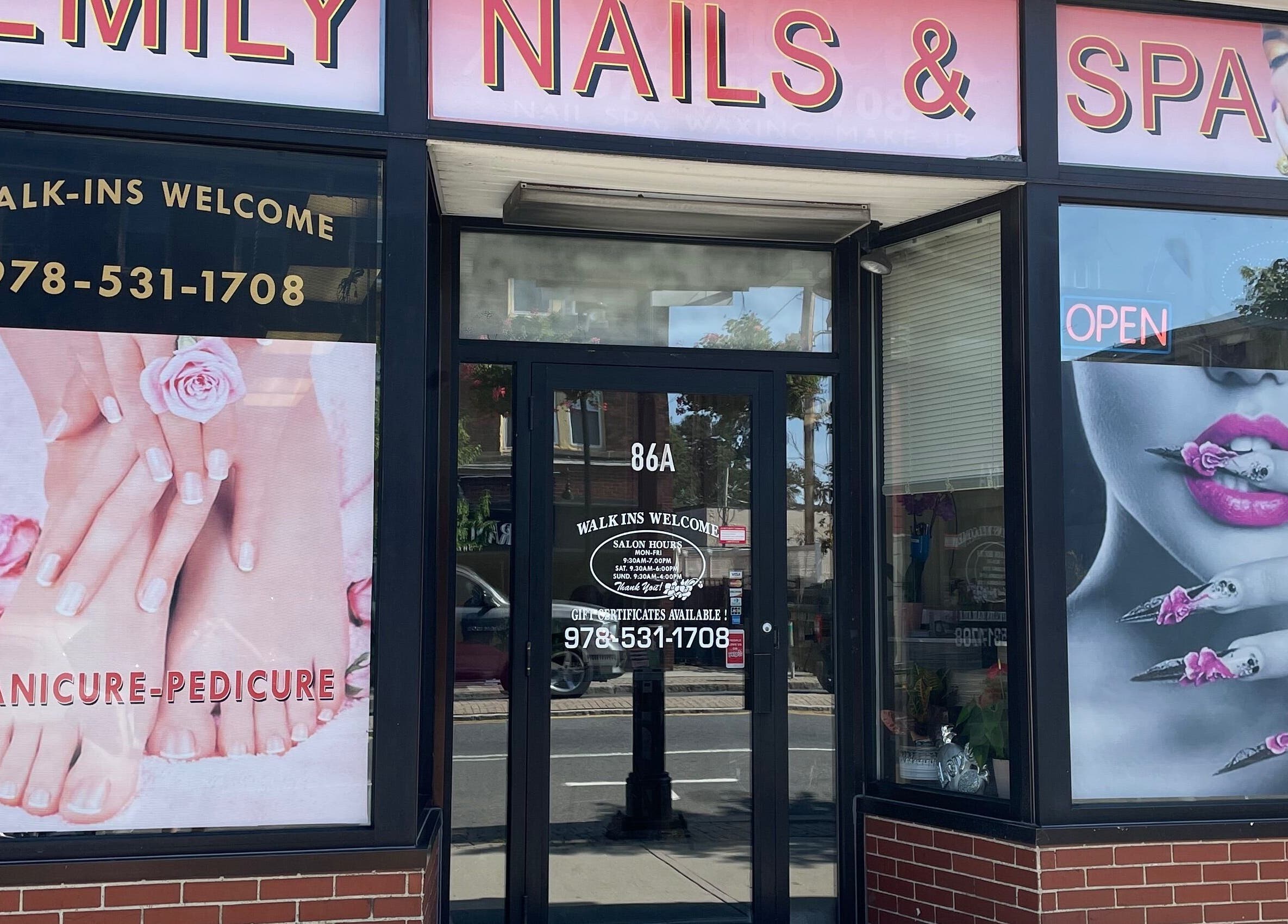 Exterior of Emily Nails and Spa in Peabody, Massachusetts, US showcasing manicure and spa services.