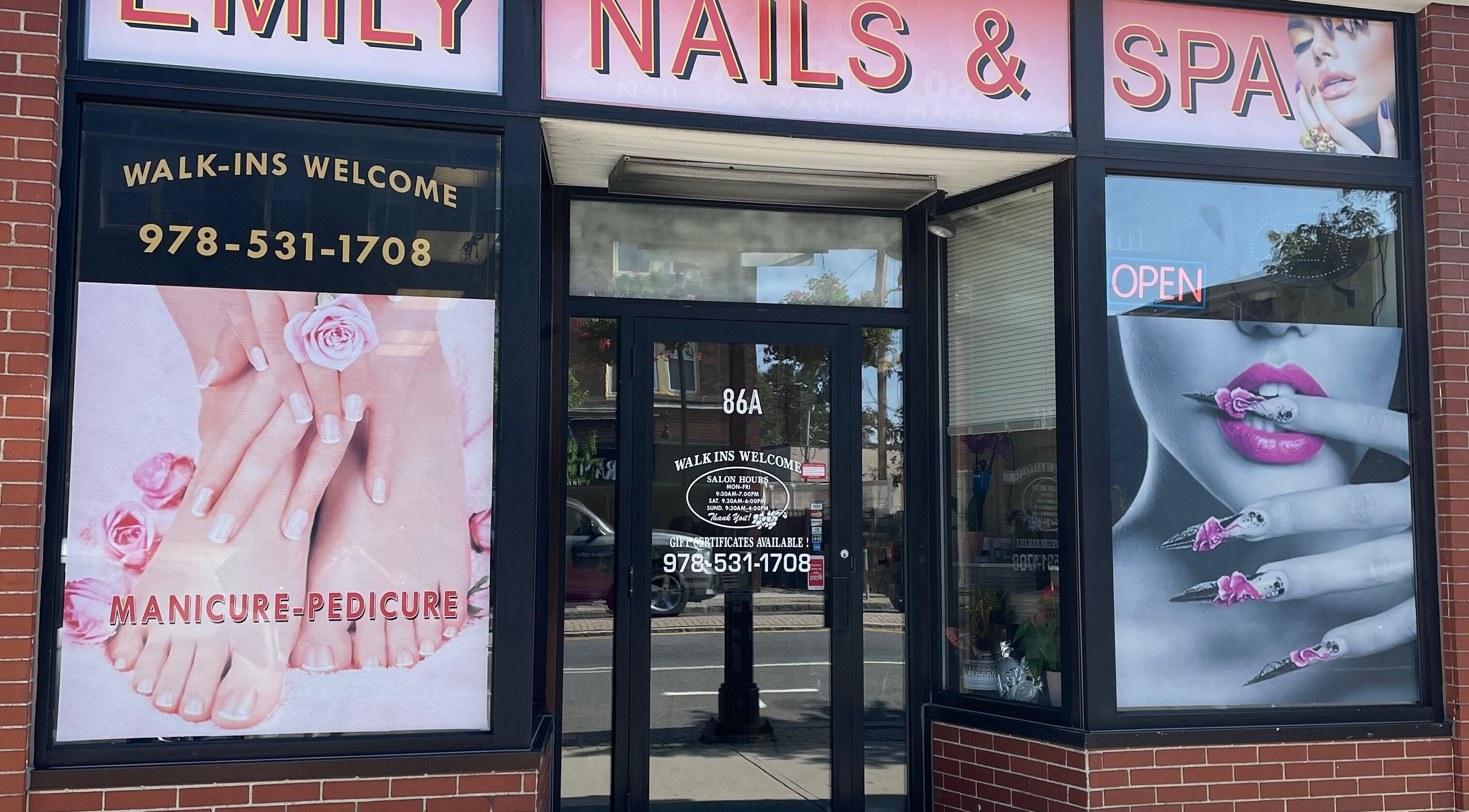 Exterior of Emily Nails and Spa in Peabody, Massachusetts, US showcasing manicure and spa services.