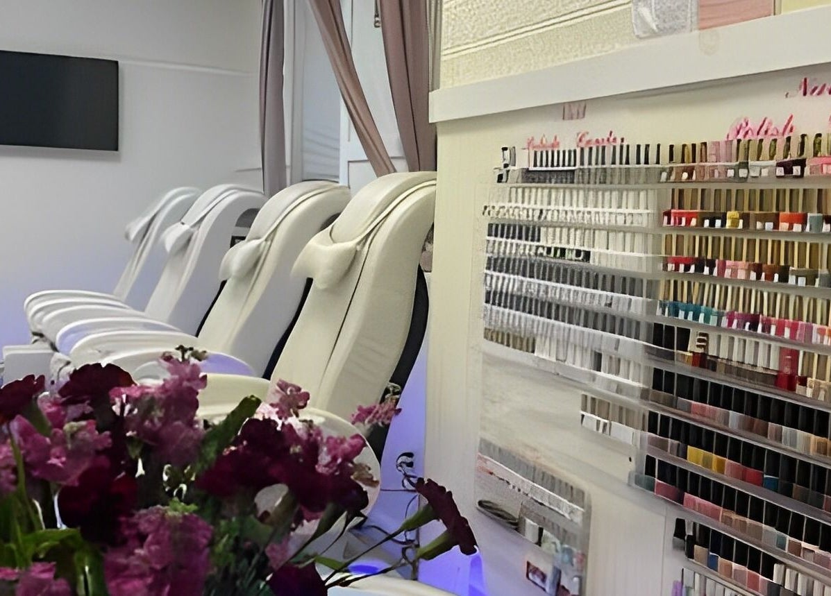 Relaxing spa chairs and nail polish selection at Emily Nails and Spa, Peabody, Massachusetts, US.