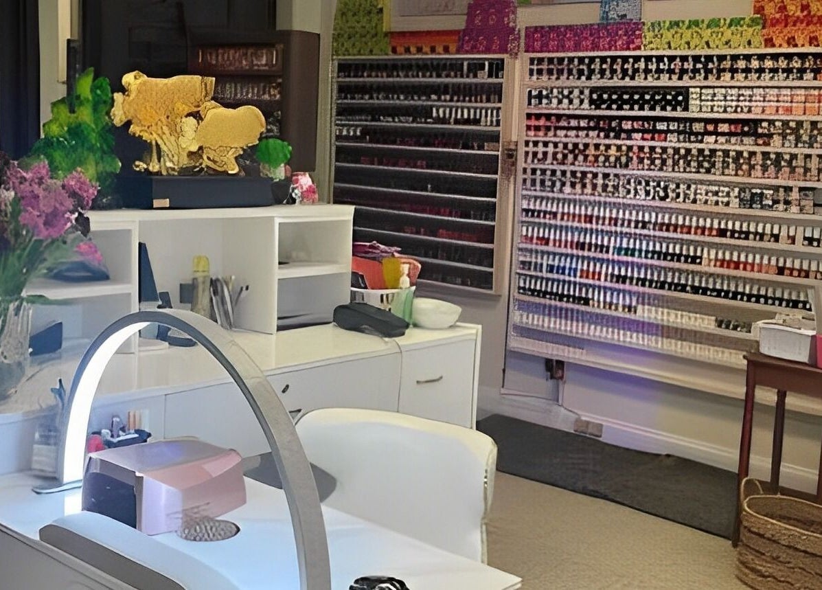 Nail polish display at Emily Nails and Spa, Peabody, Massachusetts, US, highlighting a vibrant collection.