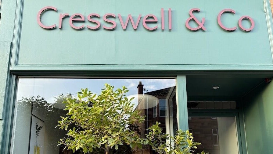 Cresswell Studios storefront with greenery in Glasgow, Scotland, GB, showcasing beauty and wellness.