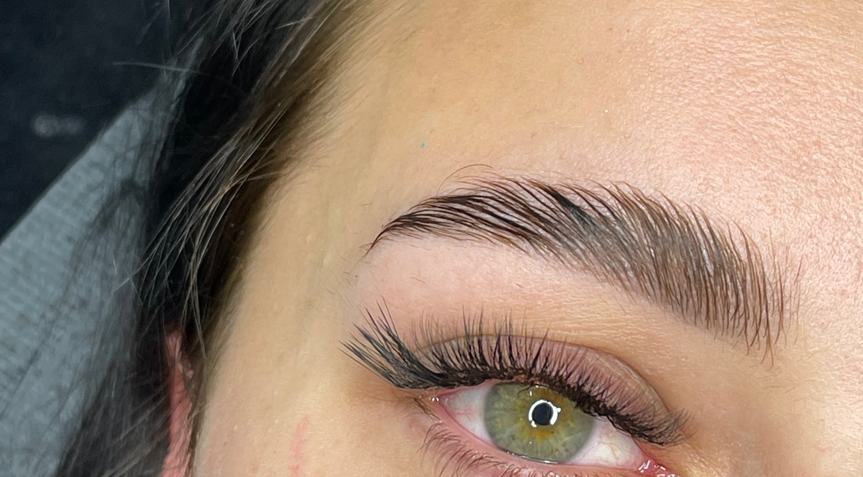 Close-up of beautifully groomed eyebrow and lashes at Lash La Drina, Bromley, England, GB.
