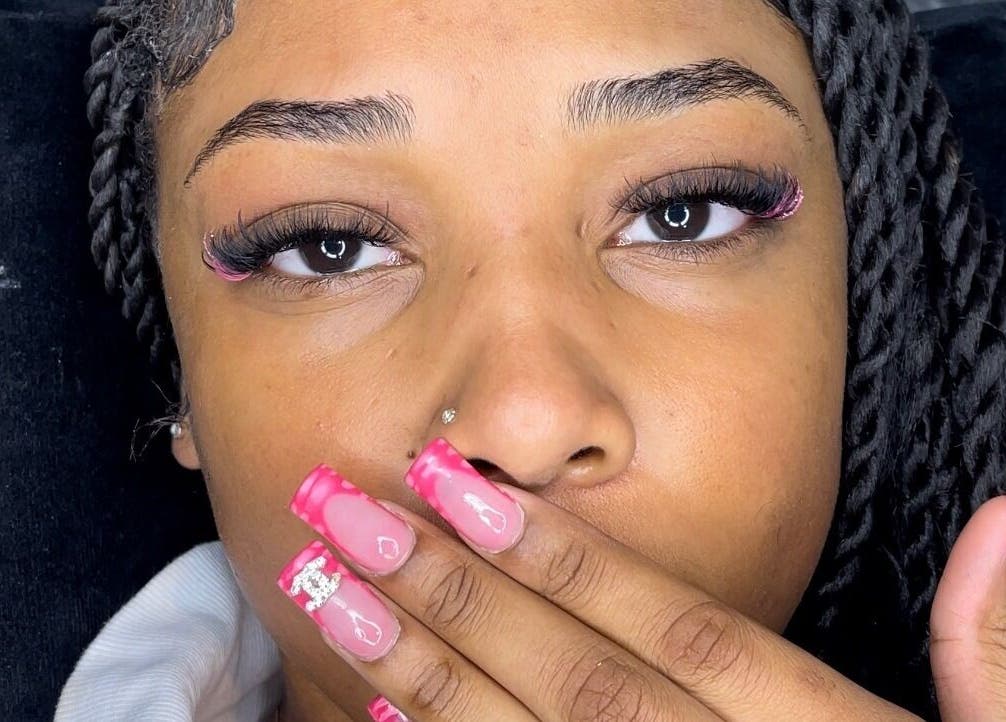 Beautiful pink manicure with elegant lashes at Lash La Drina, Bromley, England, GB.